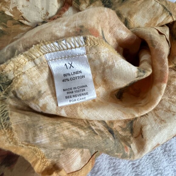 Harvé Bernard Womens Floral Button-Up Shirt Size 1X Brown Linen-Cotton Blend - Picture 4 of 8